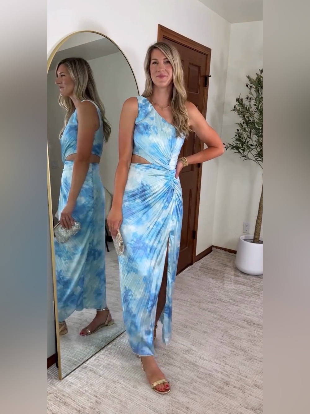 Abercrombie & Fitch Giselle Pleated One-Shoulder Cutout Maxi Dress Blue Medium T